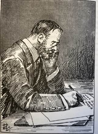 Henri Zo illustration: a man laboriously drawing up a list of names.