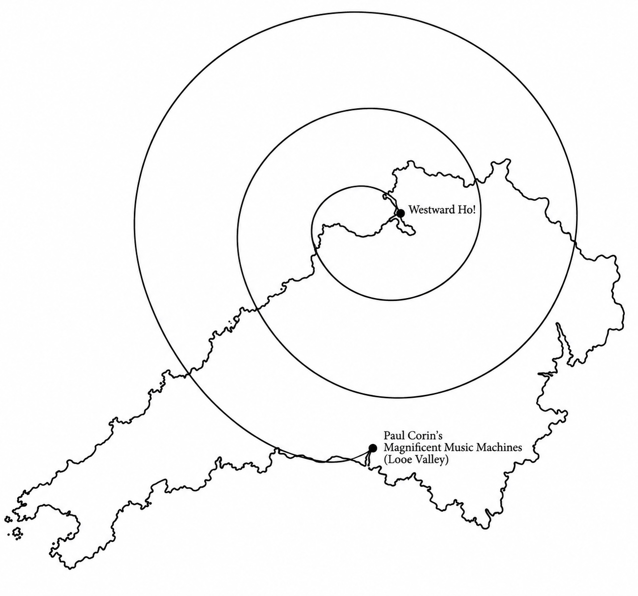 Spiral drawn on a map of Devon and Cornwall